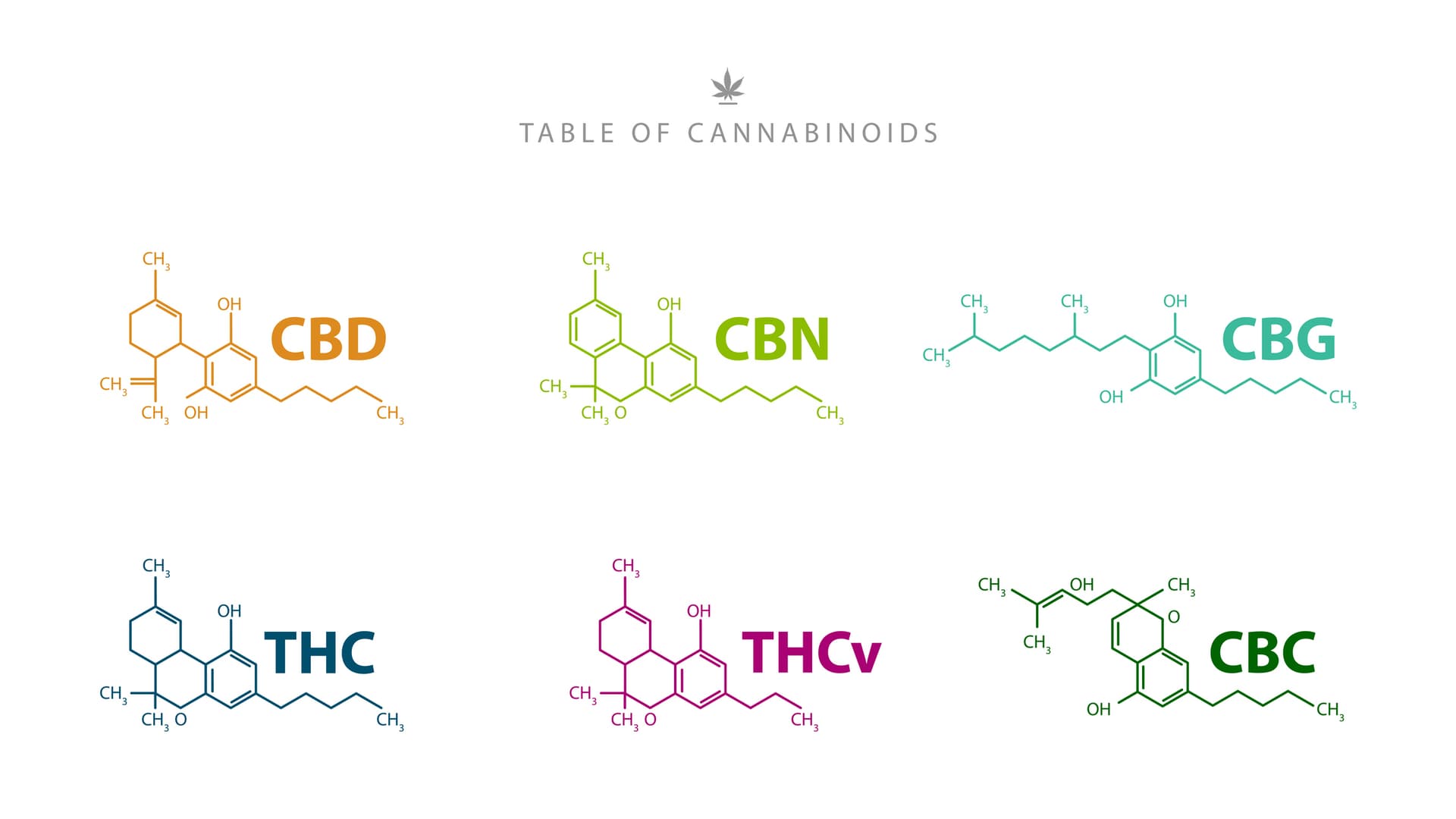 Chemische Formeln der Cannabinoide CBD, THC, CBN, CBG, THCv und CBC