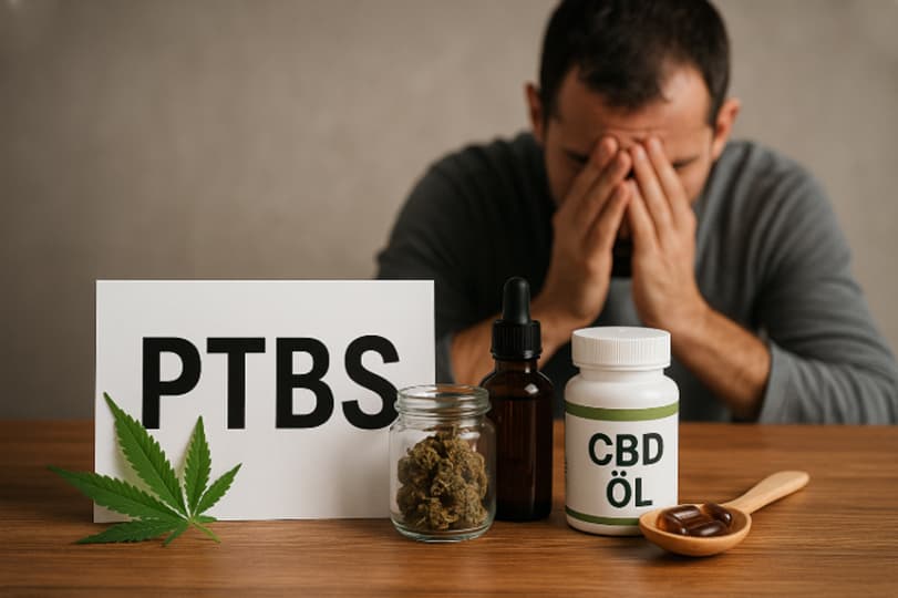 Medizinisches Cannabis bei PTBS könnte Linderung verschaffen. Verzweifelter Mann, vor ihm eine Dose CBD-Öl sowie ein Marihuana-Blatt und etwas Cannabis.